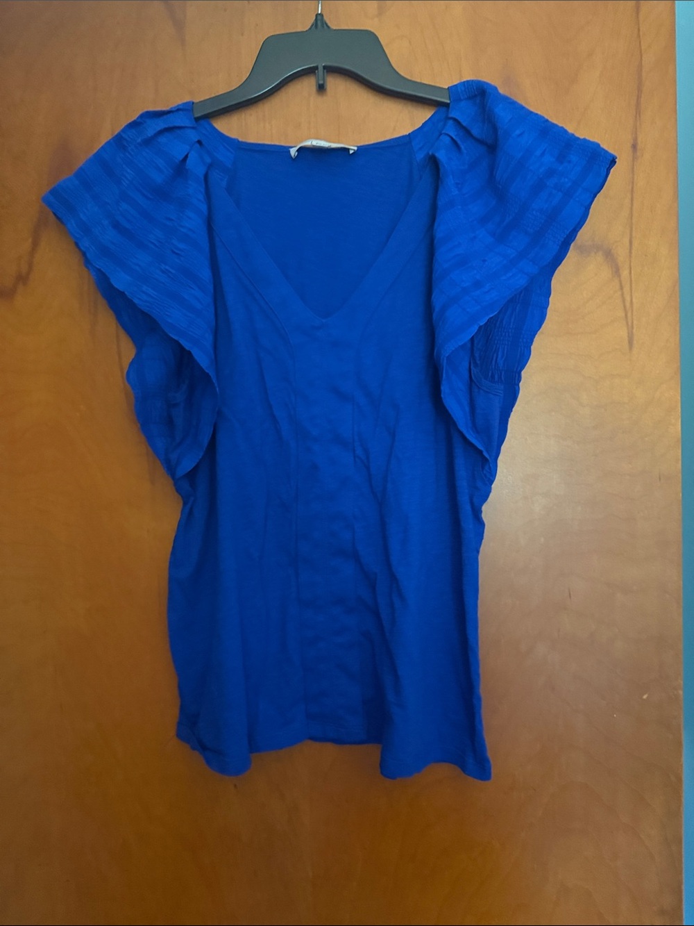 Loft Women's Royal Blue Flutter Sleeve V-Neck Top